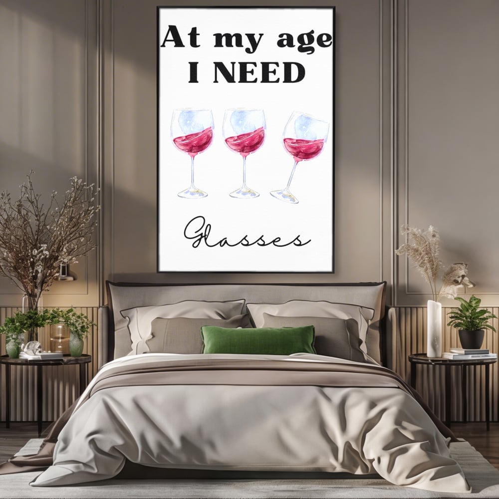 Tablou canvas cu tablou canvas cu pahare de vin si mesaj, in rama de aluminiu negru, pe perete intr-un dormitor